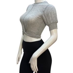 Grey overlay-front cropped cinched sleeve top