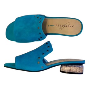 Turquoise suede slip on sandal