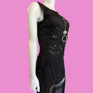 Black sequin dress with fringe