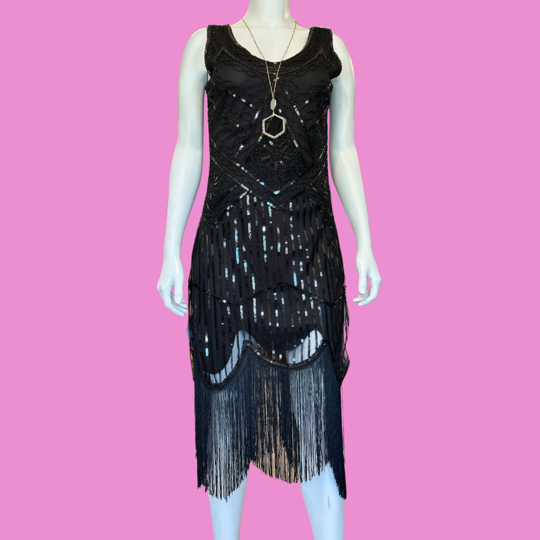 Black sequin dress with fringe