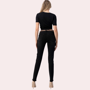Grace in LA Leopard Trim Design Mid Rise Black Skinny jeans