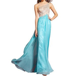 Blue one shoulder jewel embellished bodice chiffon floor length dress